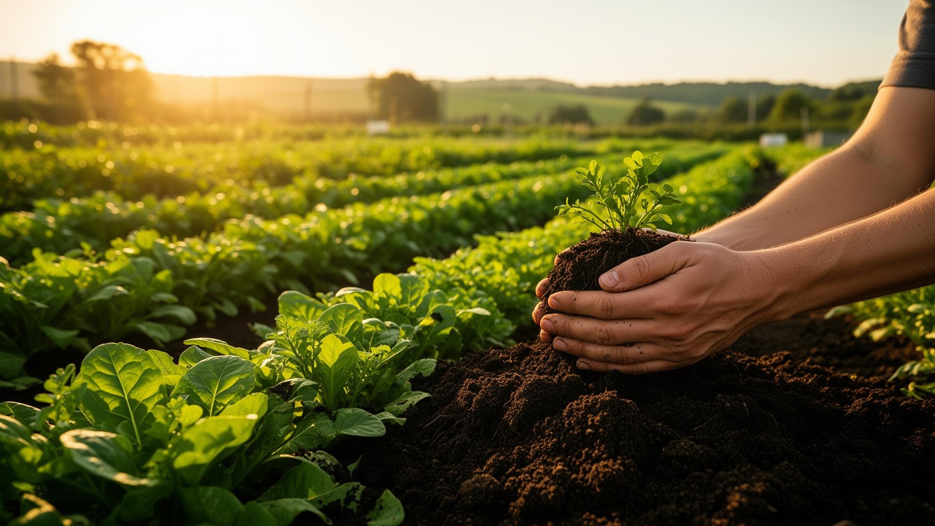 Hands holding rich organic soil in a thriving farm at sunrise